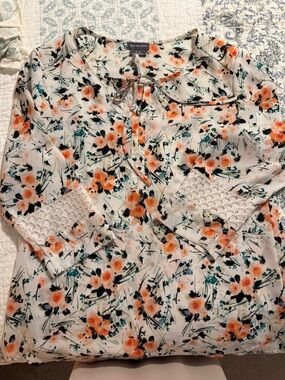 Van Heusen Cream Floral Tie-Neck Blouse with Orange Accents